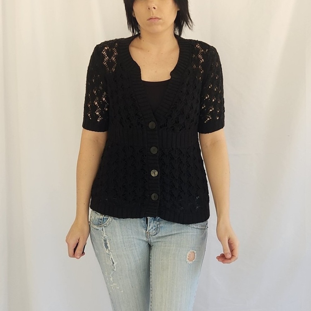 LOFT Ann Taylor Black Crochet Short Sleeve Cardigan‎